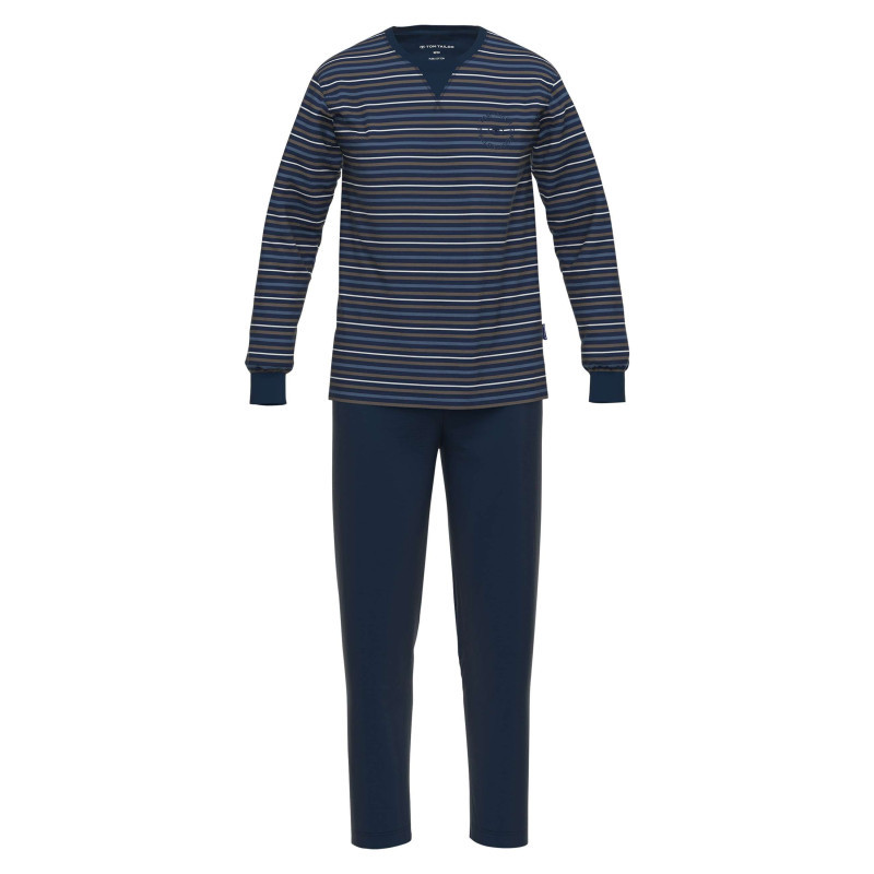 Tom Tailor - Pyjama Long En Coton Marine Coupe Droite Col Rond Avec Un Haut Rayé - Marine Tom Tailor - Pyjama Long En Coton Marine Coupe Droite Col Rond Avec Un Haut Rayé - Marine