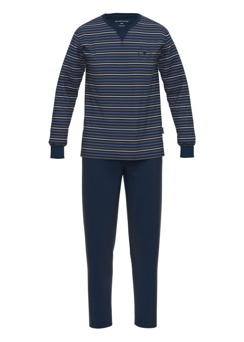 Pyjama long en coton marine coupe droite col rond avec un haut rayé
