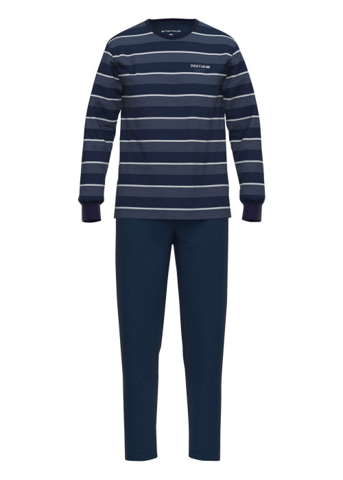 Pyjama Long en coton marine coupe droite avec un col rond et un haut rayé