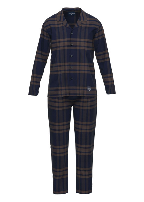 Pyjama Long en coton marine à carreaux coupe ample et un col tailleur
