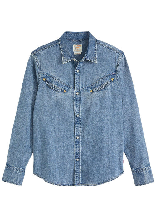 Chemise en coton bleue unie coupe regular pourvue d'un col à rabats