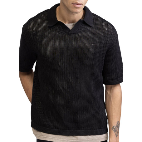 Polo en coton noir uni en maille ajourée avec...