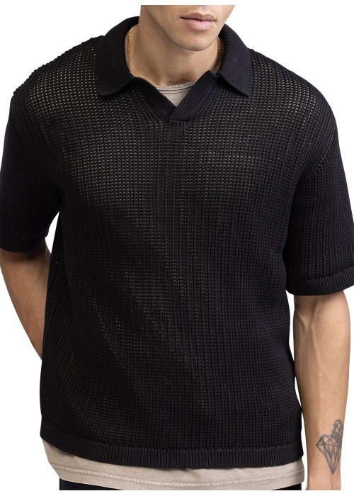 Polo en coton noir uni en maille ajourée avec une coupe droite