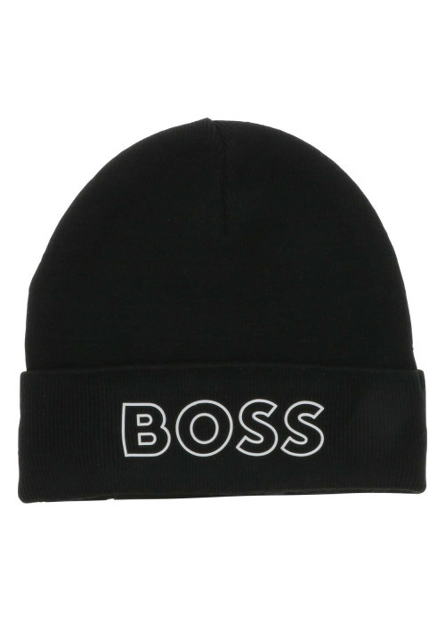 Bonnet noir uni en maille fine avec logo en relief sur le revers