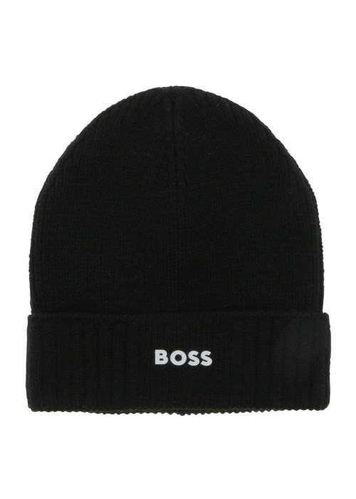 Bonnet noir uni en maille côtelée avec logo brodé sur le revers