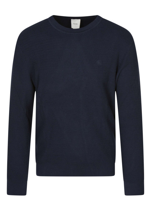 Pull en coton marine uni coupe ajustée col rond maille effet gaufré