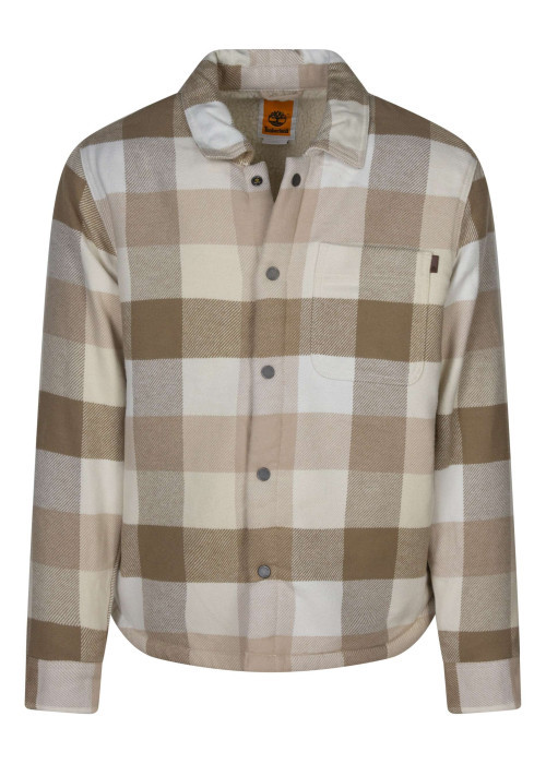 Surchemise en coton beige à carreaux avec une coupe droite et un col à rabats