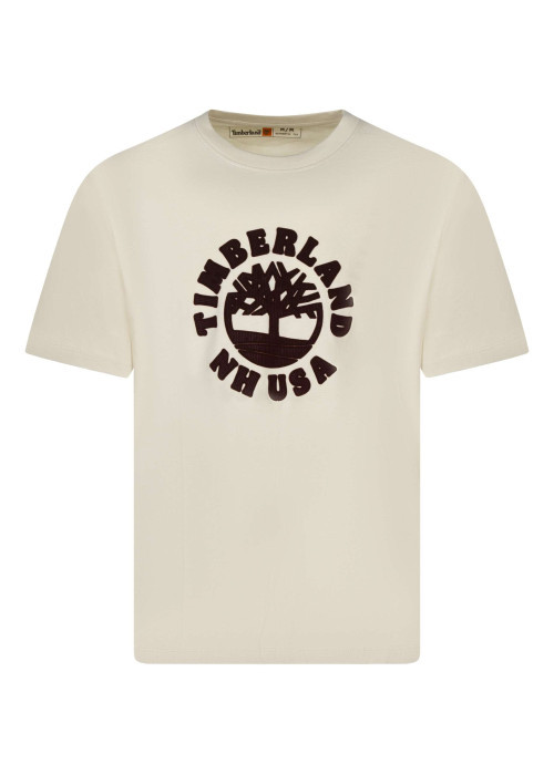 T-shirt en coton écru à coupe droite avec un col rond et logo sur la poitrine