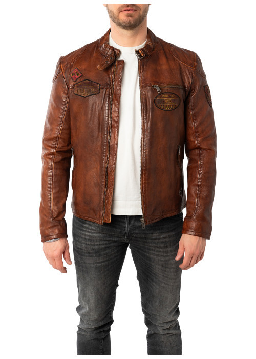 Blouson en cuir de mouton camel avec patchs à coupe droite et à col rond