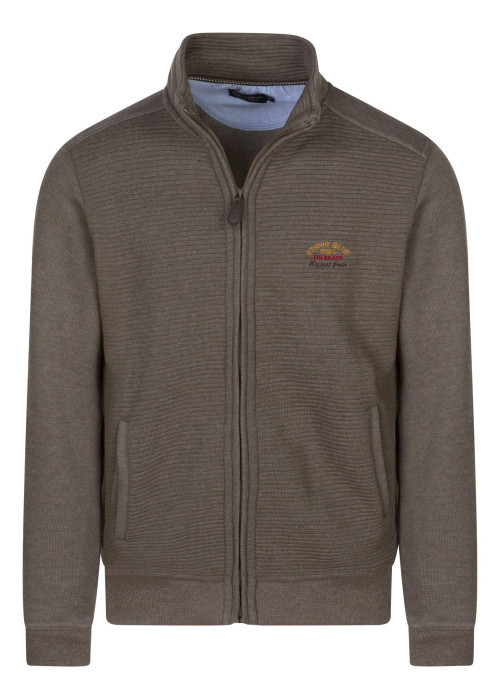 Sweat zippé taupe uni coupe ajustée col montant avec un logo brodé