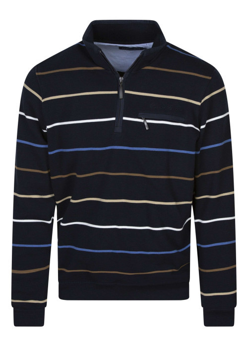 Sweat marine rayé coupe ajustée col camionneur avec une fermeture zippée