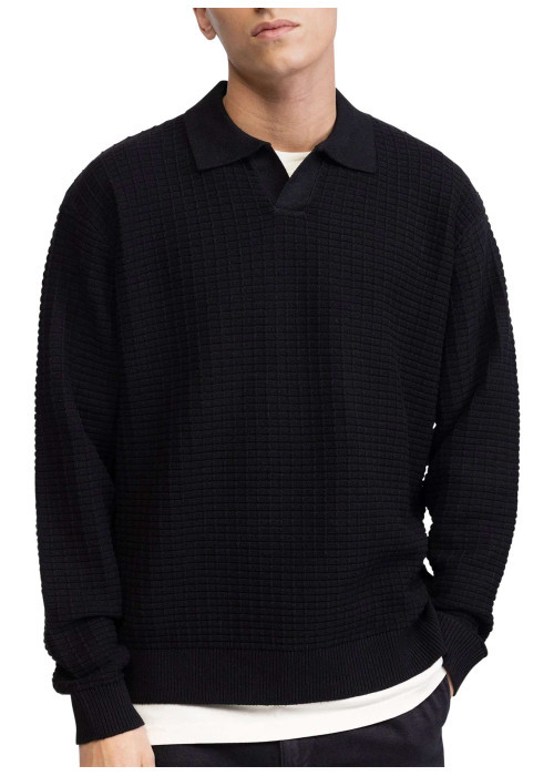 Pull en coton mélangé noir en maille effet gaufrée avec un col v à revers
