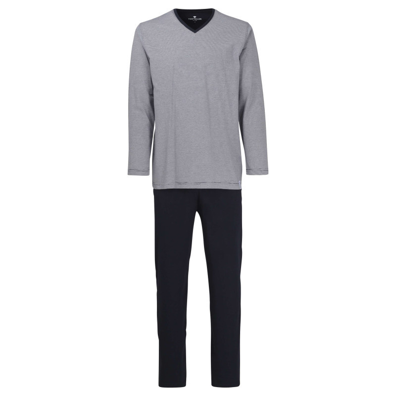 Tom Tailor - Pyjama Long En Coton Marine Rayé Coupe Droite Avec Un Col V Et Des Surpiqûres Noires Aux Manches Et à La Taille - Marine Tom Tailor - Pyjama Long En Coton Marine Rayé Coupe Droite Avec Un Col V Et Des Surpiqûres Noires Aux Manches Et à La Taille - Marine