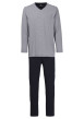 Thumbnail Pyjama Long en coton marine rayé coupe droite avec un col v et des surpiqûres noires aux manches et à la taille