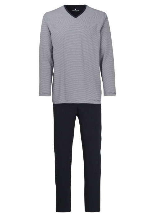 Pyjama Long en coton marine rayé coupe droite avec un col v et des surpiqûres noires aux manches et à la taille