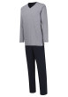 Thumbnail Pyjama Long en coton marine rayé coupe droite avec un col v et des surpiqûres noires aux manches et à la taille - Image 2