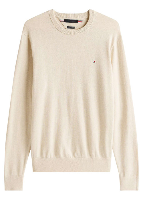 Pull en coton beige uni en maille fine avec une coupe droite et un col rond