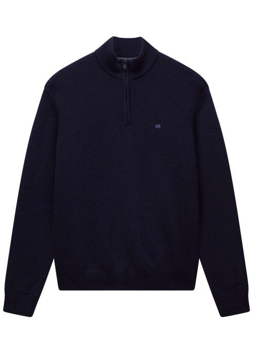 Pull en laine mélangée marine uni avec une coupe droite et un col camionneur