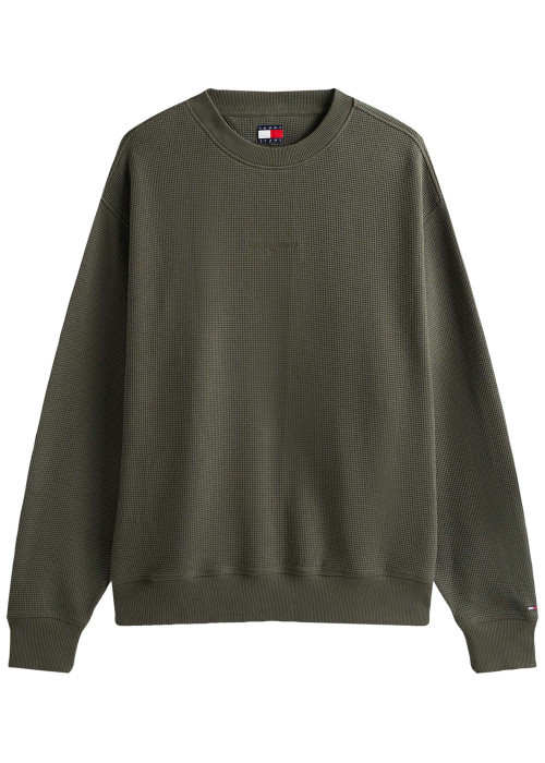 Pull en coton kaki en maille gaufrée pourvu d'un col rond et de manches longues