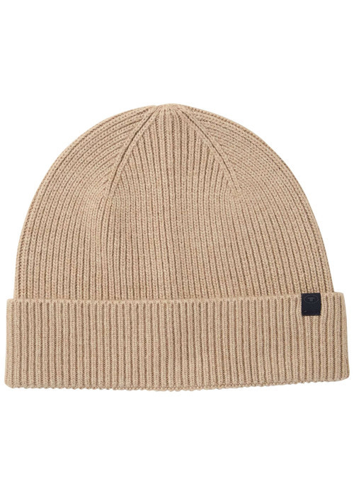 Bonnet beige uni en maille tricotée avec un logo en relief brodé