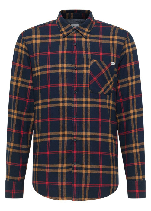 Chemise en coton marine camel et rouge à carreaux avec une coupe regular fit