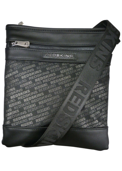 Sacoche noire avec des logos imprimés et une fermeture zippée