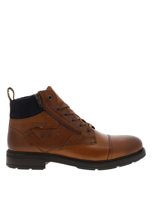 Bottines en cuir cognac à talon décroché bas avec des lacets et un zip latéral