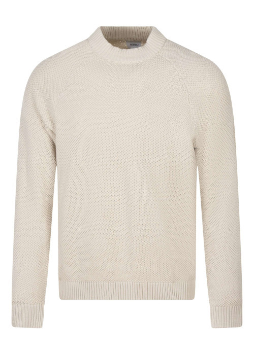 Pull en coton beige uni avec une coupe ajustée et un col montant