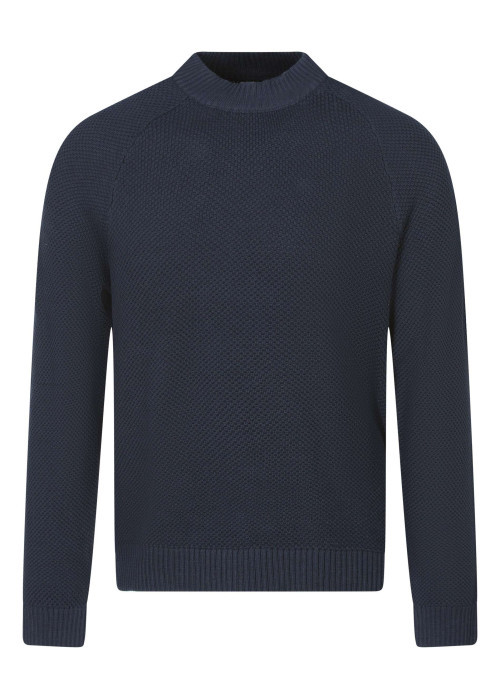 Pull en coton marine uni avec une coupe ajustée et un col montant