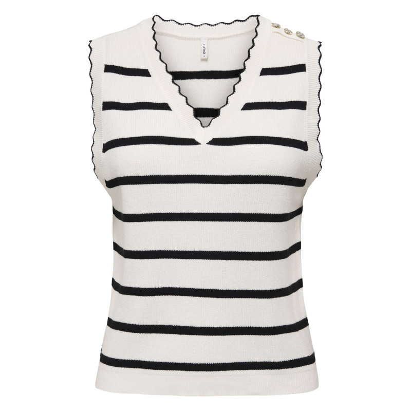 Only - Top En Coton écru Avec Des Rayures Noires à Coupe Droite Et à Col V - Blanc Only - Top En Coton écru Avec Des Rayures Noires à Coupe Droite Et à Col V - Blanc