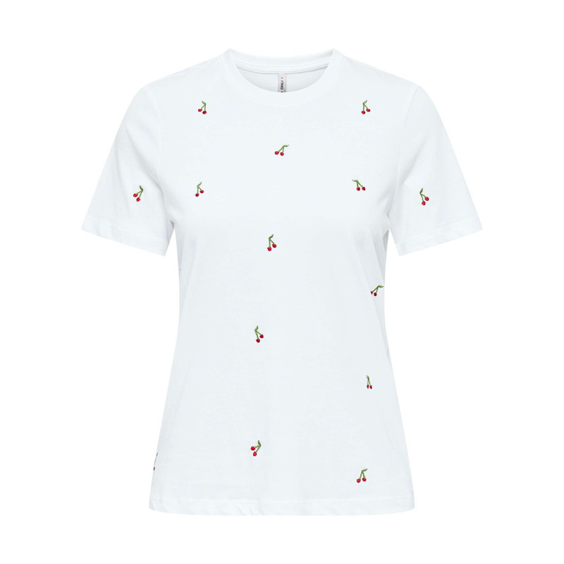 Only - T-shirt En Coton Biologique Blanc à Cerises Avec Une Coupe Droite Et Un Col Rond - Blanc Only - T-shirt En Coton Biologique Blanc à Cerises Avec Une Coupe Droite Et Un Col Rond - Blanc