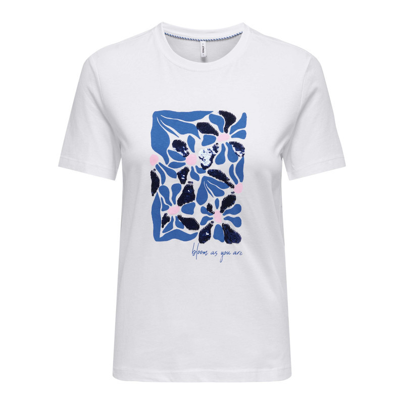 Only - T-shirt En Coton Biologique Blanc Floral Coupe Droite Col Rond - Blanc Only - T-shirt En Coton Biologique Blanc Floral Coupe Droite Col Rond - Blanc