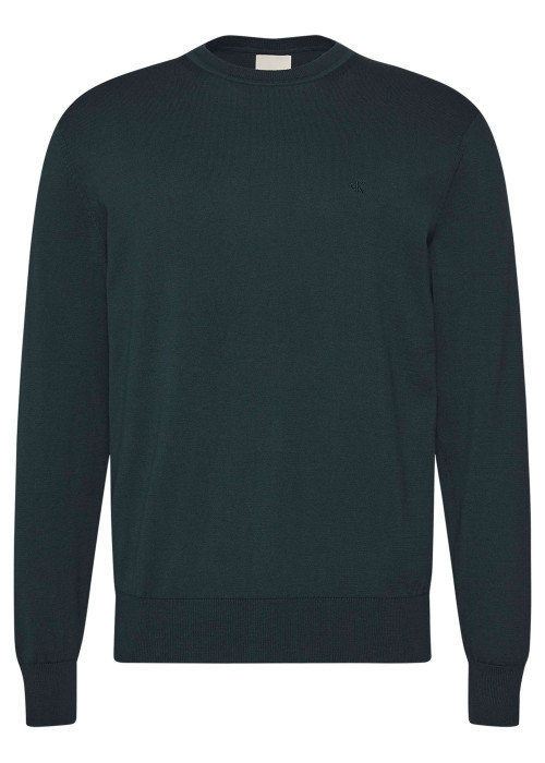 Pull en coton vert sapin uni avec une coupe droite et un col rond