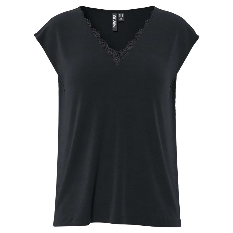 Pieces - T-shirt Noir Uni Avec Une Coupe Droite Et Un Col V En Dentelle - Noir