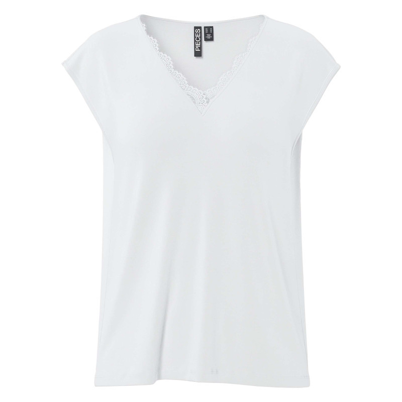 Pieces - T-shirt Blanc Uni Avec Une Coupe Droite Et Un Col V En Dentelle - Blanc
