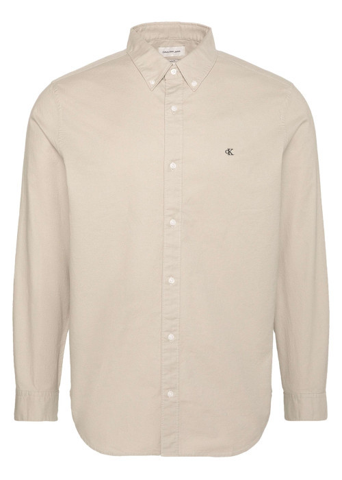Chemise en coton beige unie avec une coupe droite et un col à revers