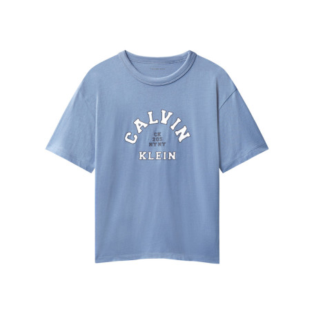 T-shirt en coton bleu imprimé logo à coupe...