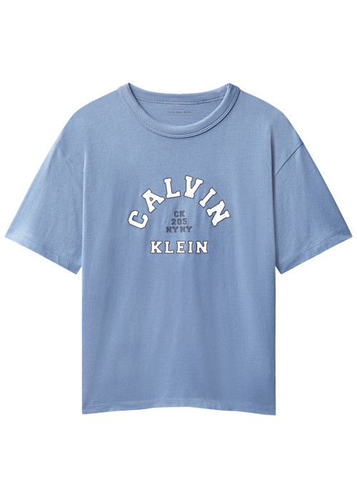 T-shirt en coton bleu imprimé logo à coupe...
