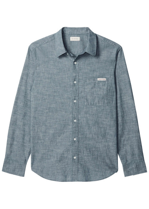Chemise en coton marine unie avec une coupe droite et un col à revers
