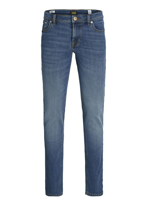 Jean en coton mélangé bleu à coupe slim pourvu de coutures contrastées
