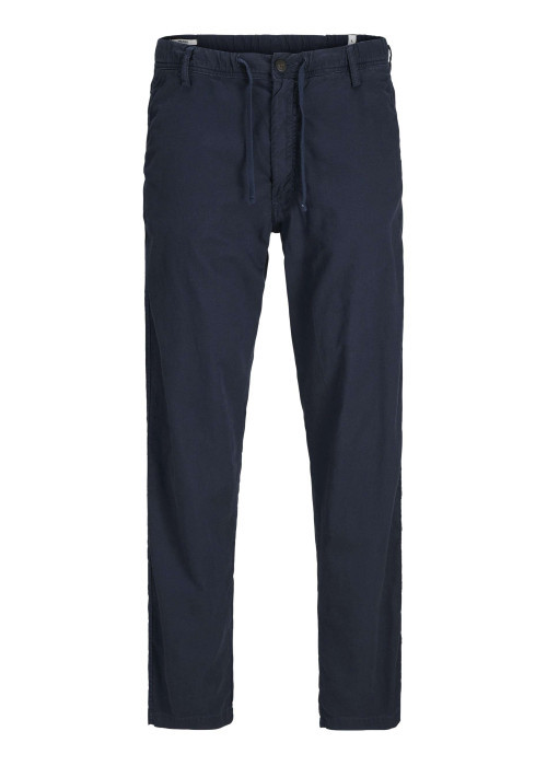 Pantalon chino marine en coton et lin mélangés pourvu d'un cordon de serrage