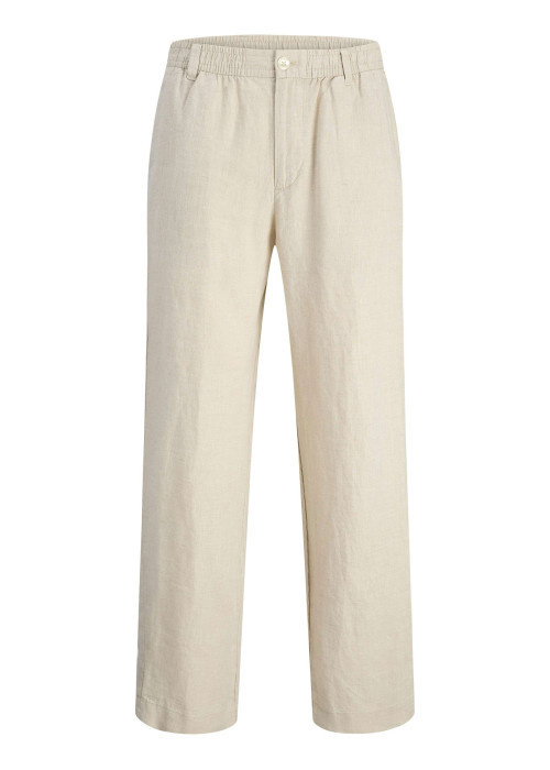 Pantalon chino beige en lin pourvu d'une taille élastiquée froncée