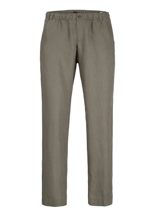 Pantalon chino kaki en lin pourvu d'une taille élastiquée froncée