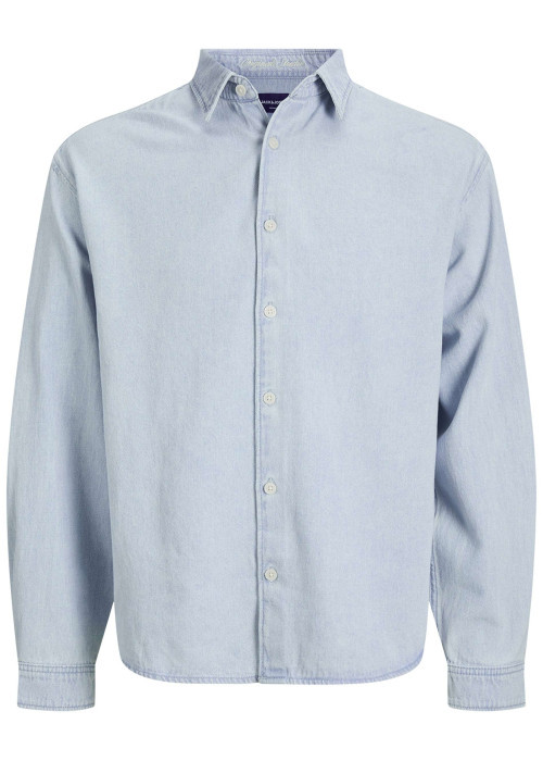 Chemise en coton bleue unie à coupe droite pourvue d'un col à revers