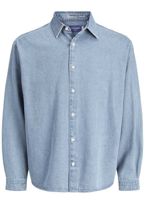 Chemise en coton bleue unie à coupe droite pourvue d'un col à revers
