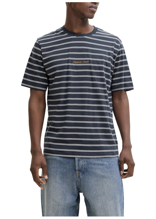 T-shirt en coton biologique marine à rayures pourvu d'un col rond