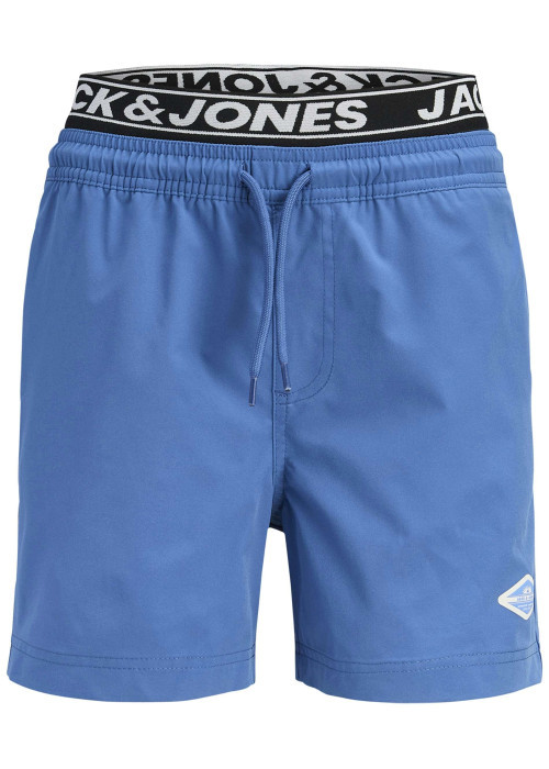 Short de bain bleu à coupe ajustée pourvu d'une ceinture élastiquée