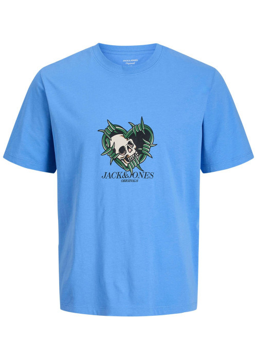 T-shirt en coton biologique bleu à coupe droite orné d'une illustration