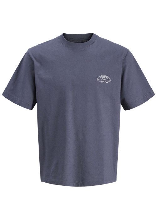 T-shirt en coton marine imprimé à coupe droite pourvu d'un col rond