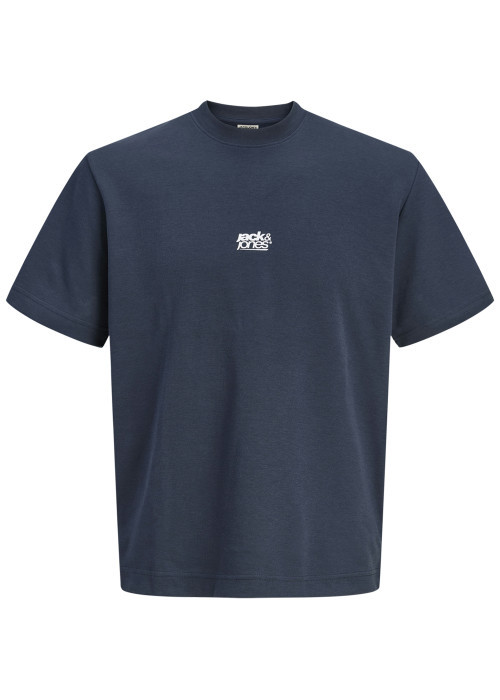 T-shirt marine imprimé à coupe droite pourvu d'un col rond et de manches courtes